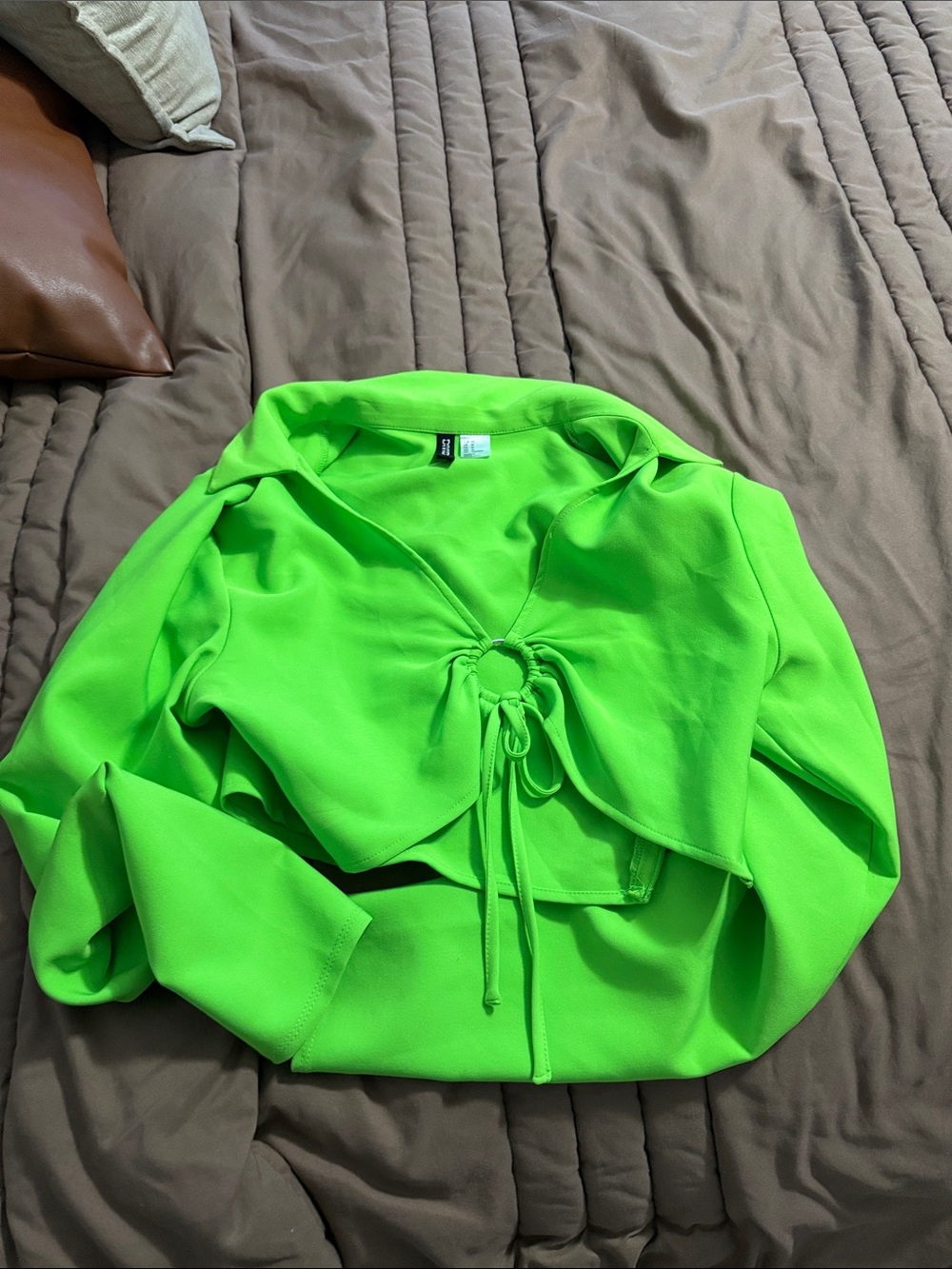 Divided Neon Green Cropped Tie-Front Top